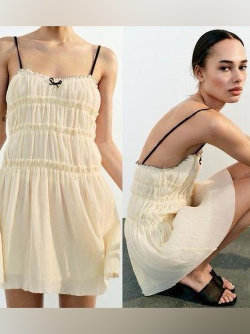 Zara Smocked Pleated Mini Dress Ivory Cream NWT Size S Spaghetti Strap